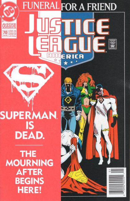 Justice League / International / America Funeral For a Friend - Grieving |  Issue#70B | Year:1992 | Series: Justice League | Pub: DC Comics | Newsstand Edition