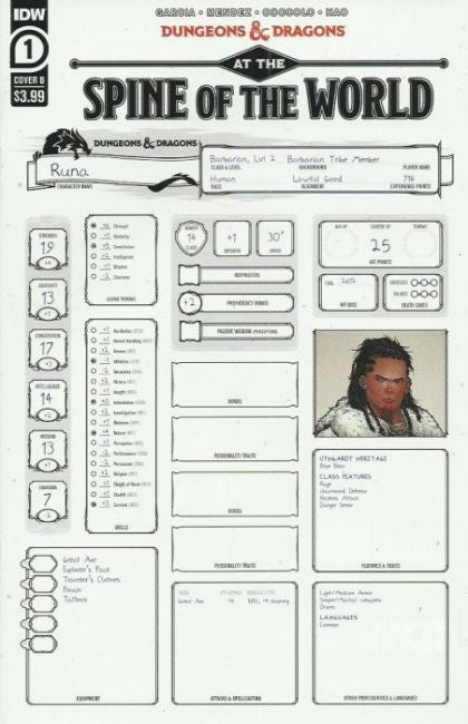 Dungeons & Dragons: At The Spine Of The World  |  Issue#1B | Year:2020 | Series:  | Pub: IDW Publishing | Variant Character Sheet Cover