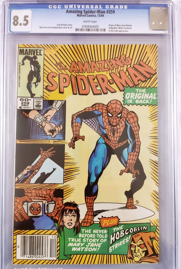 AMAZING SPIDER-MAN #259 CGC 8.5 (GRADED SLABS) ORIGIN OF MARY JANE, HOBGOBLIN, MISTER FANTASTIC & APPERANCE OF SHE HULK