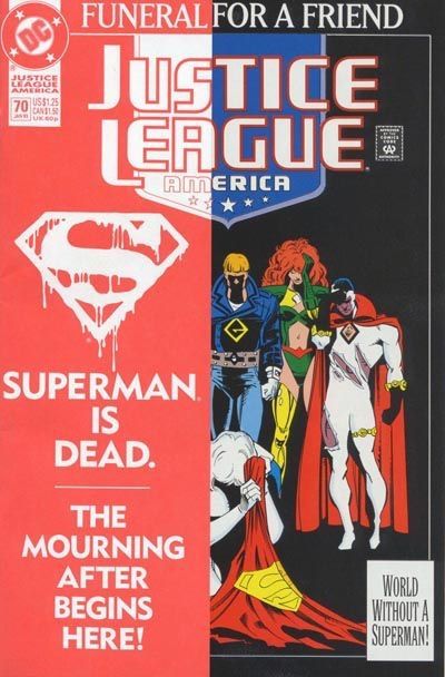 Justice League / International / America Funeral For a Friend - Grieving |  Issue#70A | Year:1992 | Series: Justice League | Pub: DC Comics |  - Wraparound cover