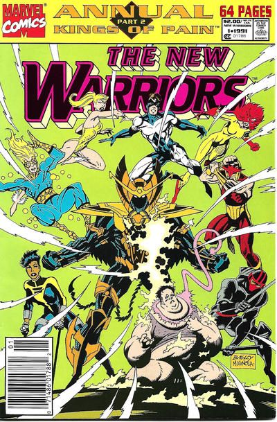 The New Warriors, Vol. 1 Annual Kings of Pain - Kings of Pain, Part 2: Errant Knights / Origins of the New Warriors / To Bounce or Not To Bounce |  Issue#1B | Year:1991 | Series: New Warriors | Pub: Marvel Comics | Newsstand Edition