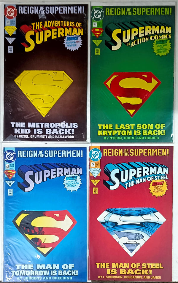 REIGN of the SUPERMEN 4 Issue Die-Cut Collector’s Edition SET – 1st Appearance of Superboy (Adventures of Superman #501), Cyborg Superman (Superman #78), Steel (Man of Steel #22), & Eradicator (Action Comics # 687)-with Poster Inserts in Each