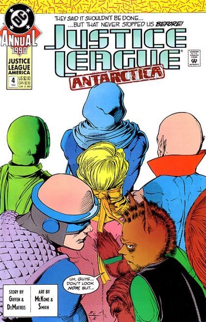 Justice League / International / America Annual What's Black and White and Black and White and... |  Issue#4A | Year:1990 | Series: JLA | Pub: DC Comics | Direct Edition