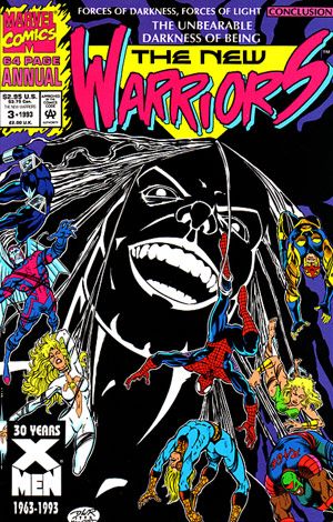 The New Warriors, Vol. 1 Annual Forces Of Darkness, Forces Of Light, Act Four: The Unbearable Darkness of Being / Tough Choices / Mylar Shrug |  Issue#3A | Year:1993 | Series: New Warriors | Pub: Marvel Comics | Direct Edition