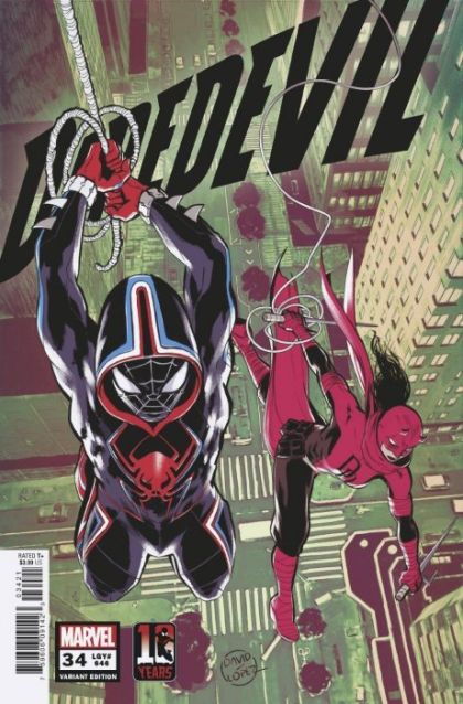 Daredevil  |  Issue#34B | Year:2021 | Series: Daredevil | Pub: Marvel Comics | Variant David Lopez Miles Morales Spider-Man 10th Anniversary Cover