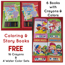 Coloring and Story Books | Pack of 6 Books | Free Crayons and Water Colors Set | Fee Shipping