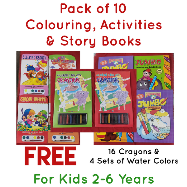 Pack of 10 Coloring, Activities & Story Books | Free Crayons & Watercolors | Free Shipping