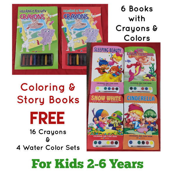 Coloring and Story Books | Pack of 6 Books | Free Crayons and Water Colors Set | Fee Shipping